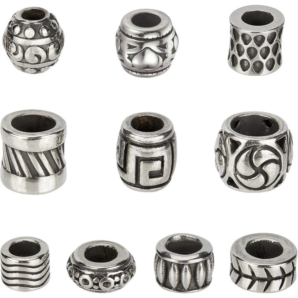 

1Box 10 Pcs 304 Stainless Steel Beads Mixed Style European Column Beads Tube/Barrel/Rondelle Shape Spacer Beads for Necklace