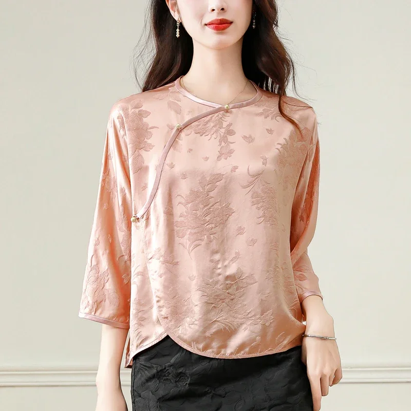 Satin Damen hemden Frühling/Sommer Blume chinesischen Stil Blusen lose lange Ärmel Vintage Frauen Tops Mode Kleidung