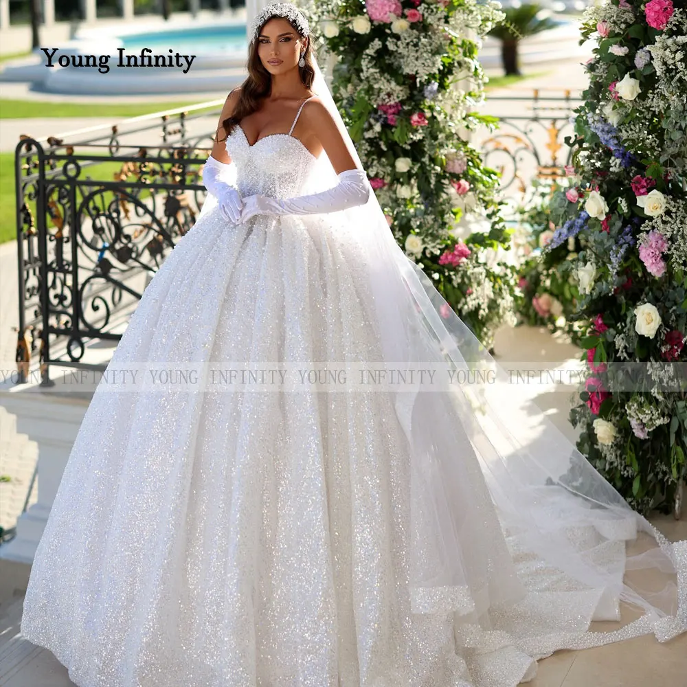 Vestidos de novia románticos 2025 vestido de novia tela brillante con cuentas ropa Formal de novia larga espagueti sin espalda cariño