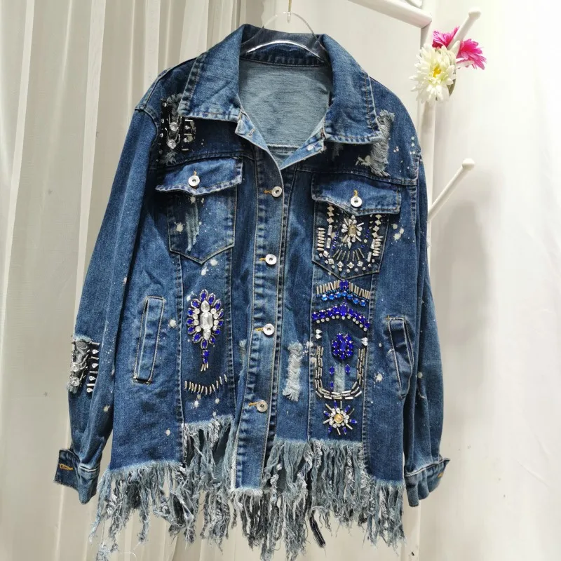 Jacketautumn New Stylewomen's Denim And Winter New Loose Custom Diamond Decoration Irregular Fringe Hem All-Match Tide Denim Jac