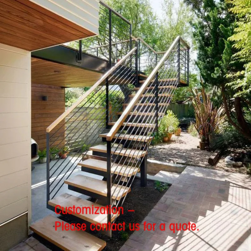 custom.Custom Wooden Steps External Terrace Stairs Outdoor Staircase Steel Structure Straight Staircase With Steel Rod Railing