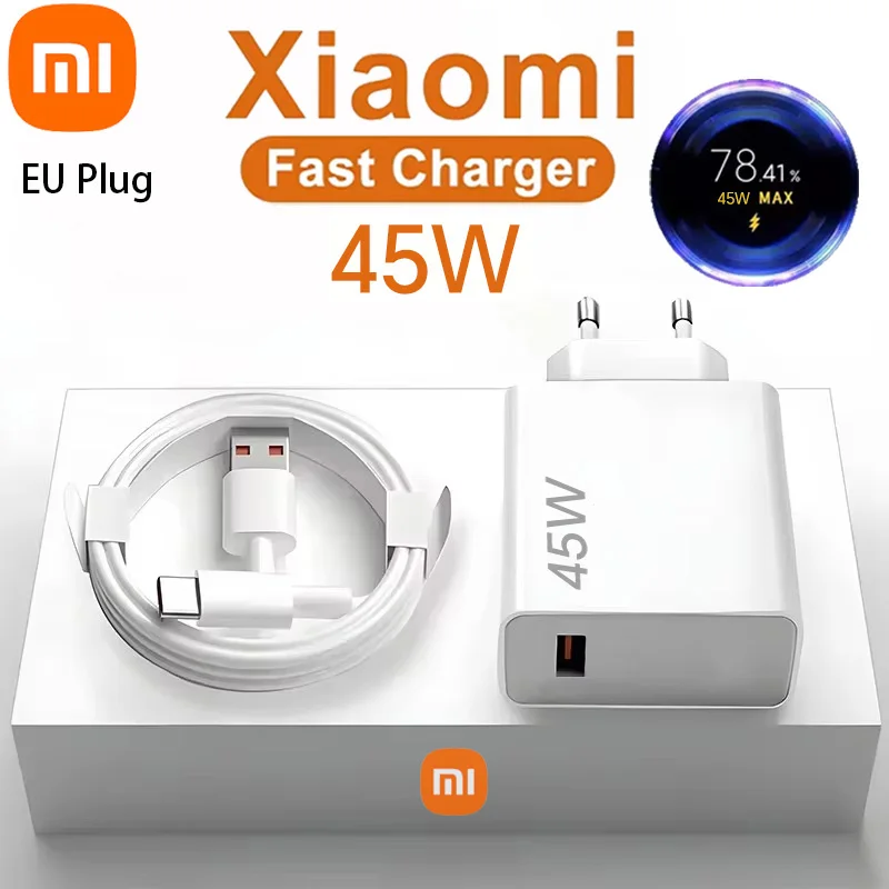 Xiaomi Redmi Note 14 Pro 45 Вт Турбозарядное устройство Адаптер быстрой зарядки ЕС 1/1,2 M Тип C Кабель для Mi 11T 10T POCO X3 NFC X4 X5 GT M5S
