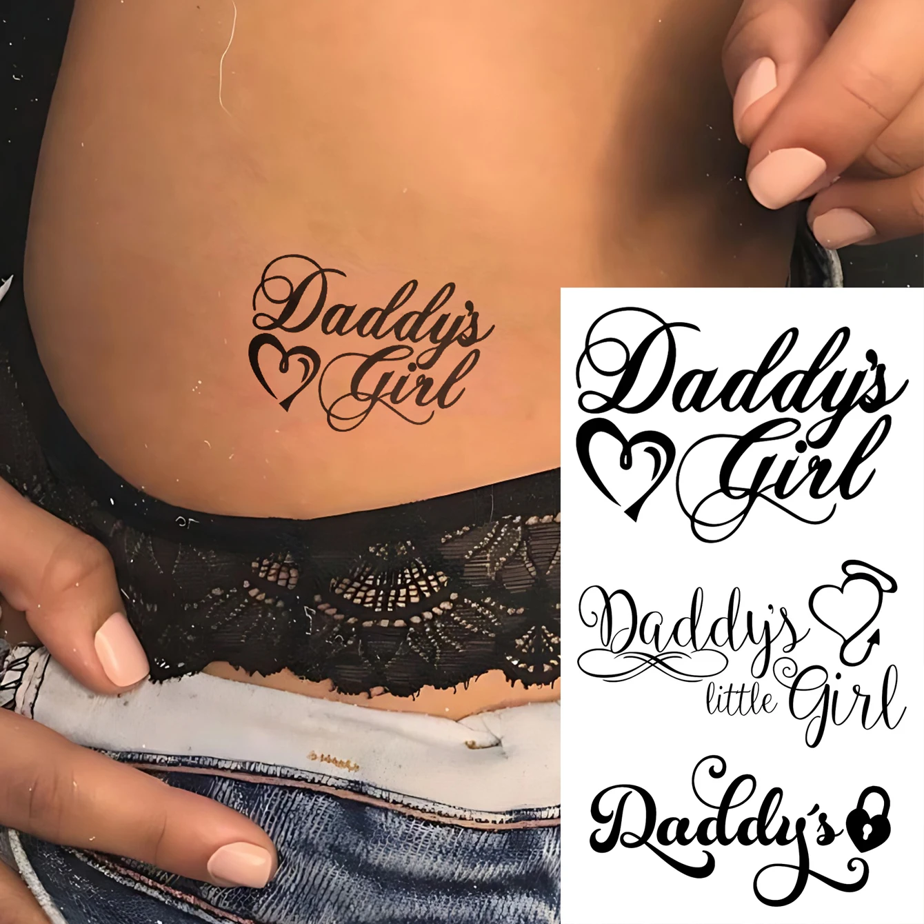 Waterproof Temporary Tattoo Sticker Daddys Little Girl Dark Style Love Lock Small Tail Body Art Arm Fake Tattoo Sleeve Women Men