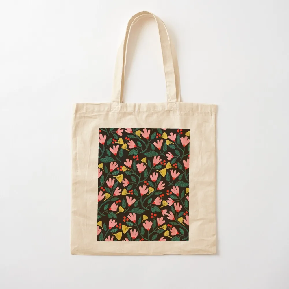 Pink Florals on Black Tote Bag