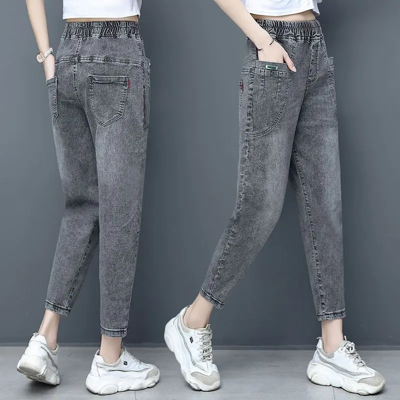 Autumn and Winter High-waiste Elastic Jeans Women's Korean Harlan Loose embroidered Girls Pants Thin Versatile Radish Grey Pants