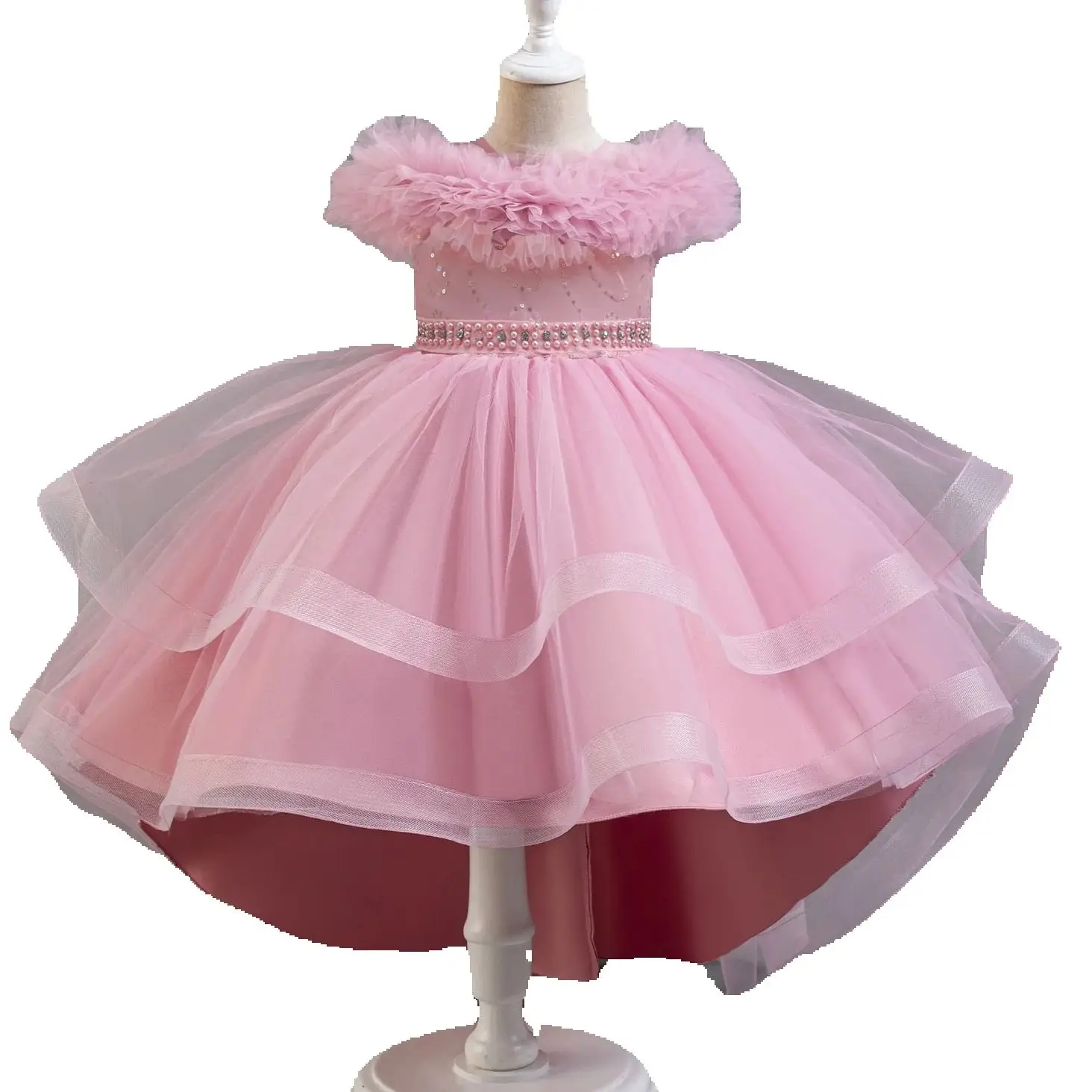 HETISO Elegant Girls Party Dresses Beading Sash Children's Wedding Tutu Layered Formal Gowns for Bridesmaid Christmas