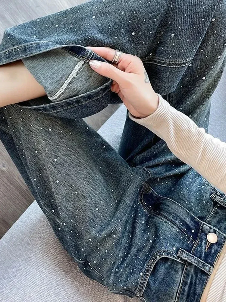 

Spring Streetwear High Waist Loose High Street Women's Straight Leg Pants New Korean Hot Diamond Narrow Design Wide Leg Jeans