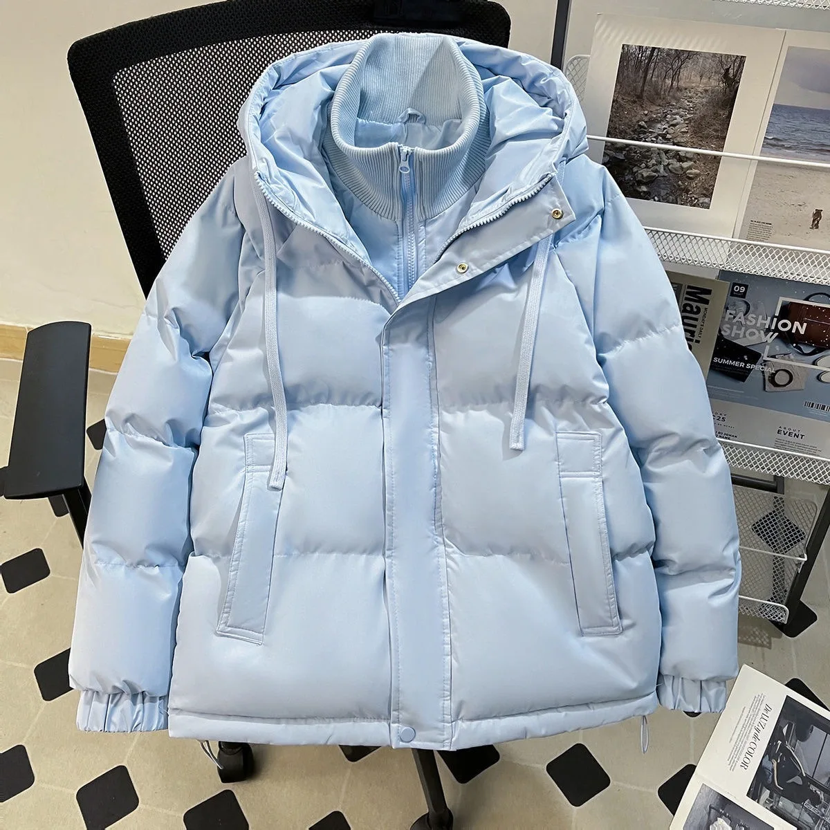 Fake Two Pieces Cotton Padded Jacket 2025 Women Winter New Solid Color Hooded Thick Warm Coat Versatile Fashion Casual Overcoat