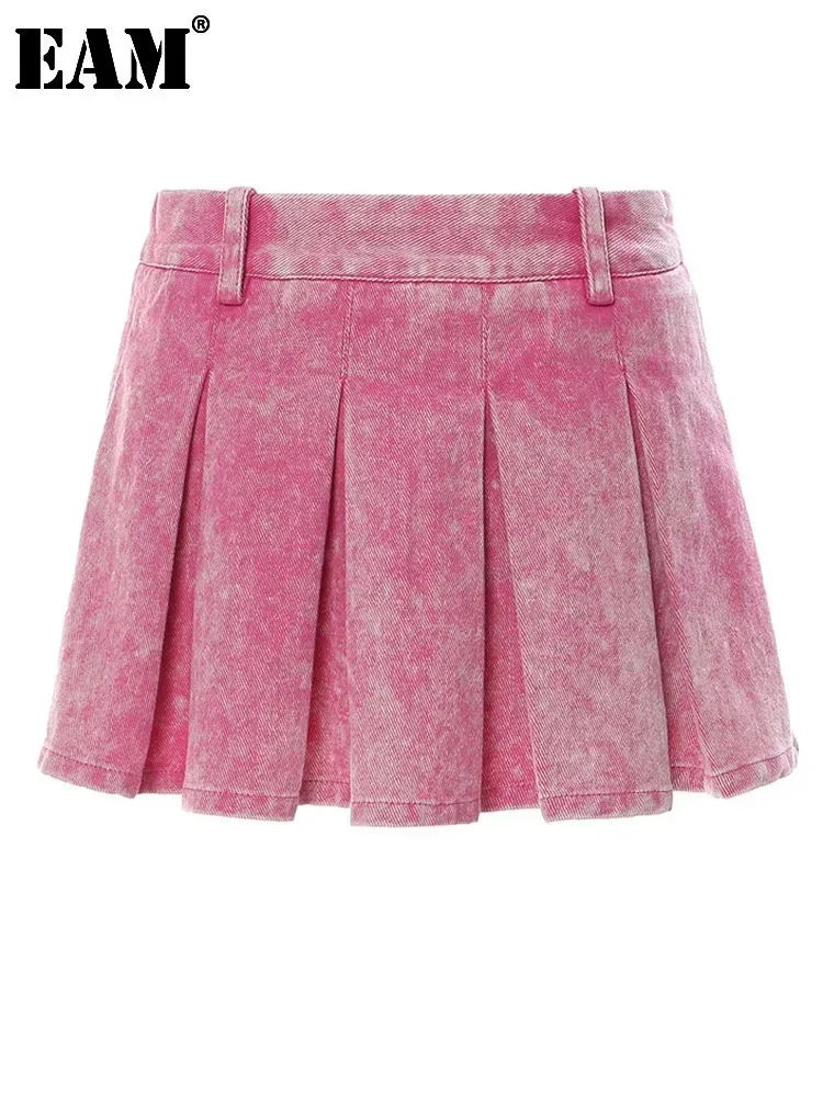 

[EAM] High Waist Rose pink Color Denim Pleated Eleagnt Mini Half-body Skirt Women Fashion Tide New Spring summer 2024 17A8154