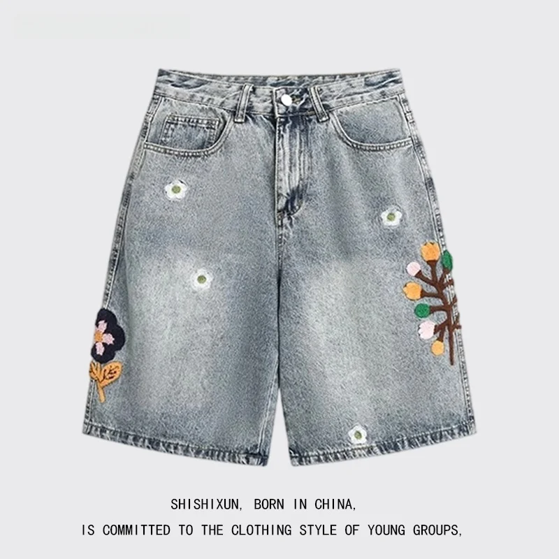 

Ретро-джинсы с американской цветочной вышивкой, прямые, свободные, широкие, укороченные, для мужчин и пар, модные летние джинсы