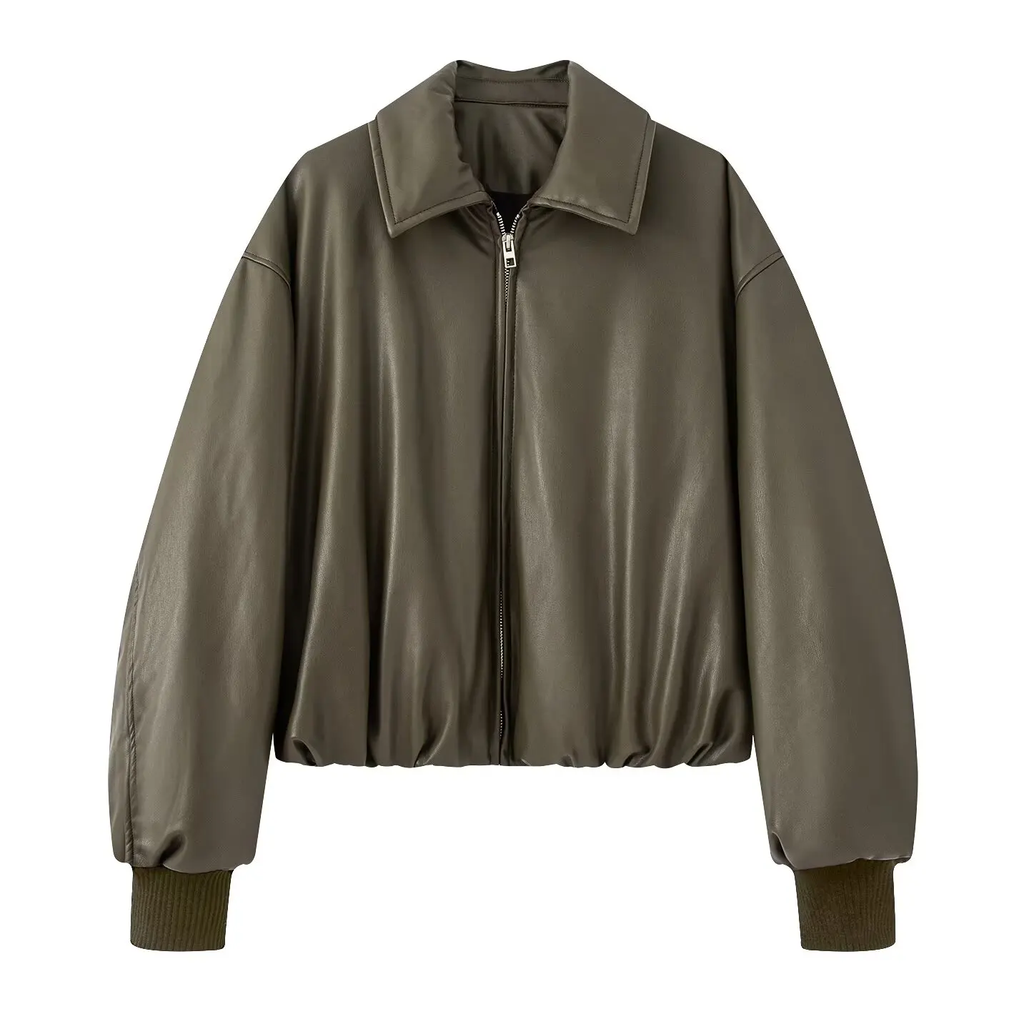 European and American Style Spring and Autumn Pure Color Pu Leather Thickened Warm Short Long Sleeved Cotton Jacket