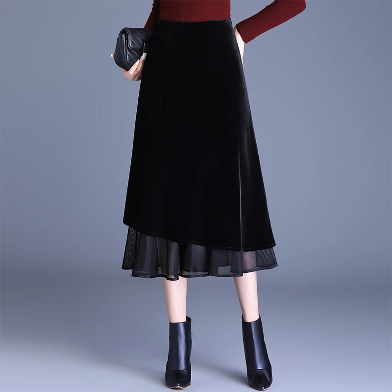 

Bla Velvet Patchwork Netting Asymmetrical Fi Tail Skirt Women's Autumn Winter High Waist Slimming Midi A-Line f Skirt