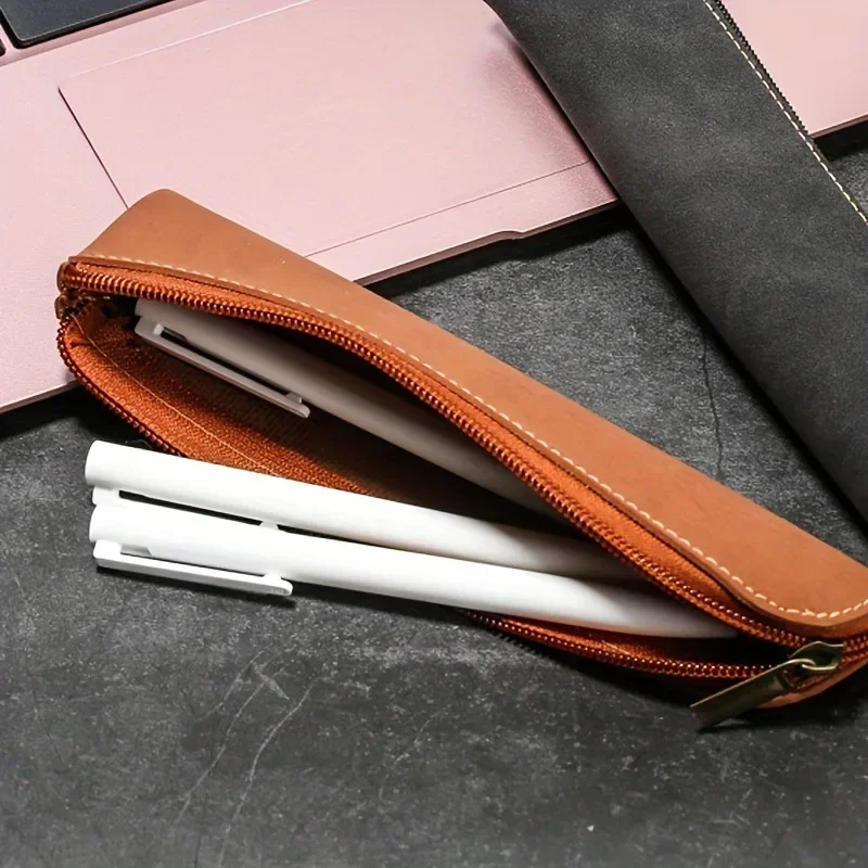 Simple Zipper Pen Case PU Leather Pencil Bag Portable Pen Sleeve Storage Pouch Korean Stationery School Office Supplies