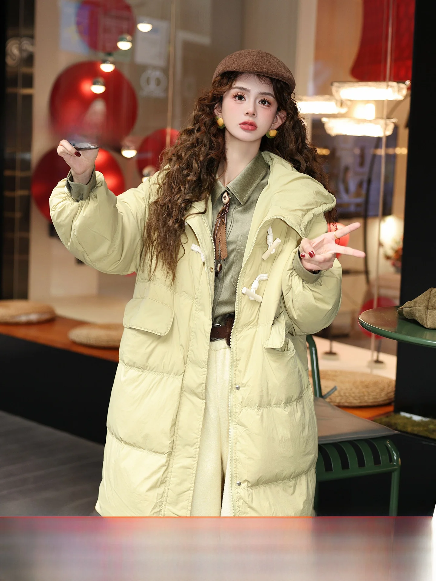 

Meng Jiajie Snowy Wild Fruit Hooded down Jaet Women's Winter Warm Loose Casual Long Outerwear Versatile Polyester Filling