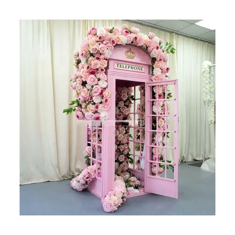 Amazing Design Photo Props Telephone Booth Set with Artificial Flowers for Wedding Hotel Salon Decorations