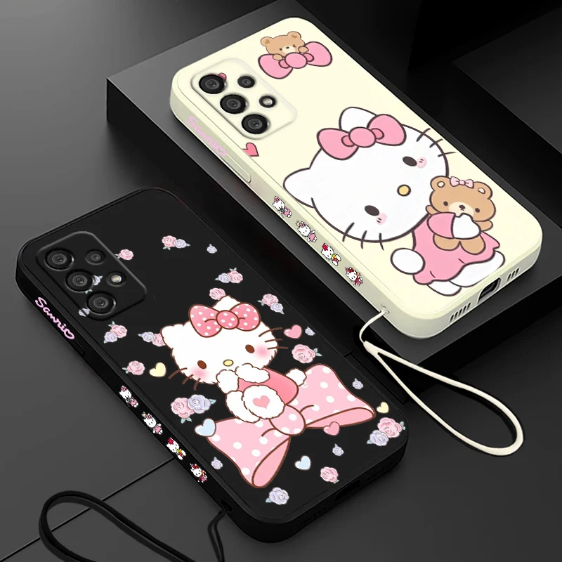 Sanrio Hello Kitty Pink Pretty Phone Case For Samsung A55 A53 A33 A52 A32 A71 A51 A21S A35 A25 5G Liquid Left Rope Funda