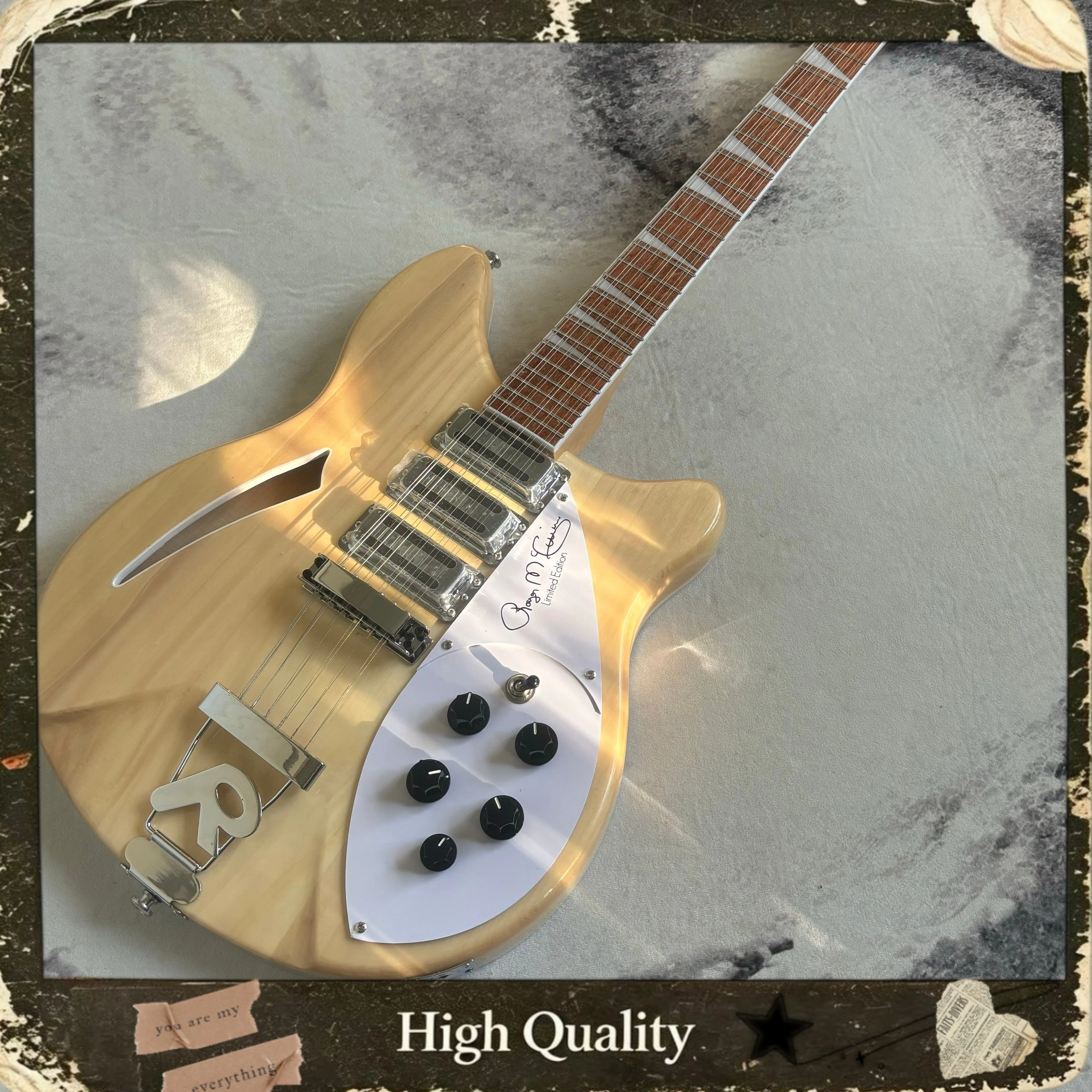 Natural Wood Color Hollow R Shape Electric Guitar White Pickguard Signature Model Dual Pickups Vintage Jazz Rock Guitar