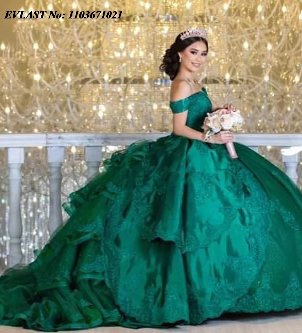 EVLAST темно-зеленое платье Quinceanera по индивидуальному заказу, бальное платье с кружевной аппликацией и бисером, многоуровневый корсет Sweet 16, Vestidos De 15 Anos SQ709