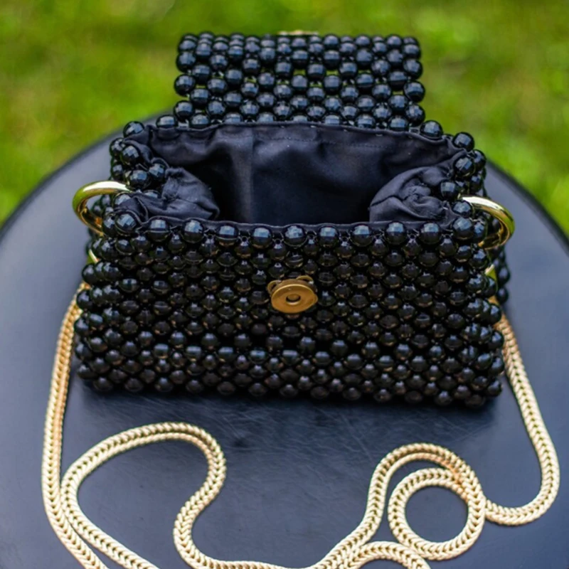 Small Niche Design Acrylic Bead Black Handmade Women's Bags Fashionable Versatile Chain Crossbody Bag Lined Flip Top Handbag - view 2