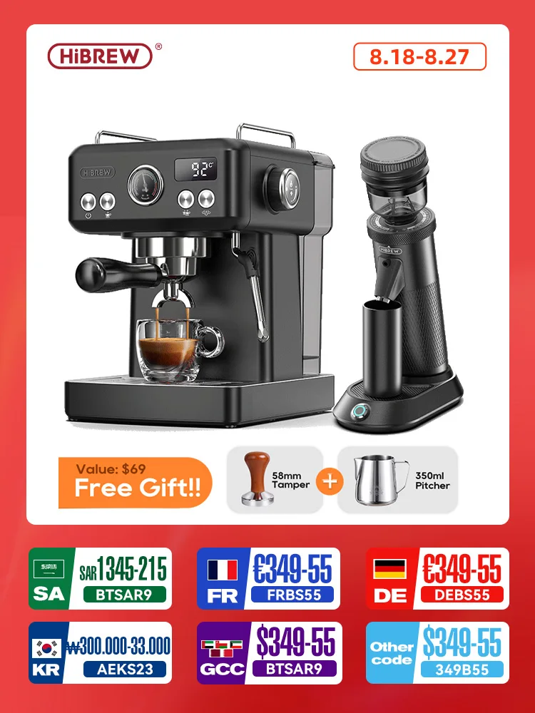 HiBREW H10A ماكينة اسبريسو سوداء حجم درجة الحرارة قبل التخمير قابل للتعديل 58 مللي متر Portafilter كابتشينو صانع القهوة