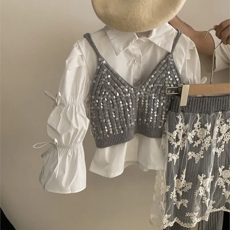 Fashion Baby Girl Ruffled Bow Shirt+Sequins Vest+Pant 3PCS Infant Toddler Child Clothes Set Spring Autumn Baby Clothes 1-12Y