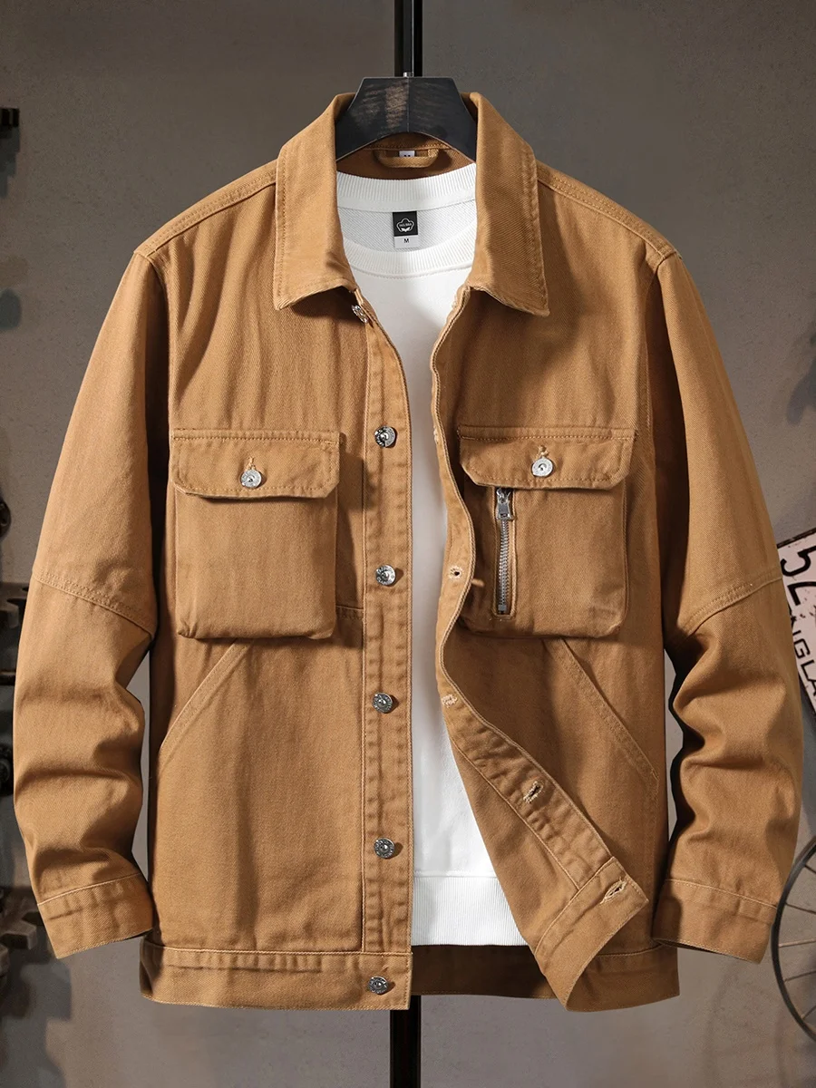 

Мужская повседневная джинсовая куртка на осень-зиму с множеством карманов, теплая, модная, в американском стиле, рабочая одежда, на флисовой подкладке, верхняя одежда