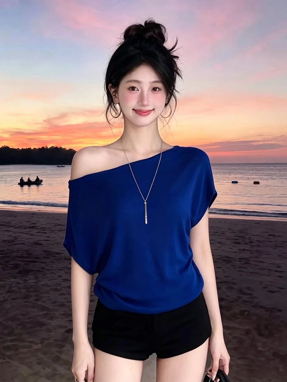 Klein Blue One-Shoulder Short Sleeve T-Shirt Women's Summer Unique Beautiful Slim Fit Short Top French Style Universal Fit