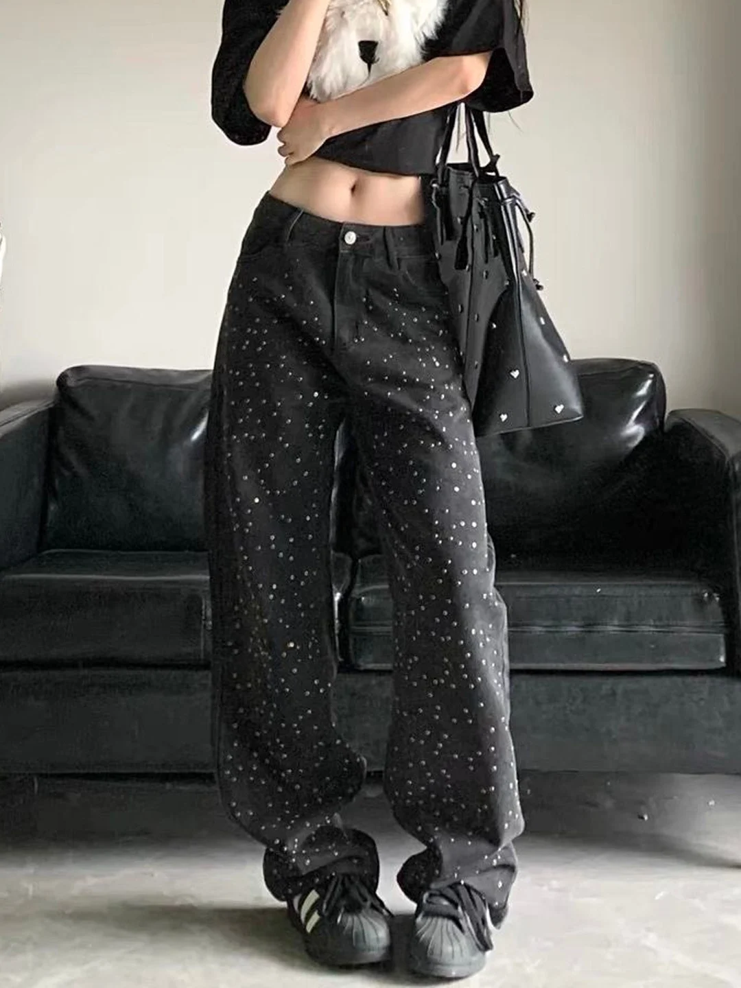 Retro Washed Straight Leg Denim Jeans Women's Heavy Duty Loose Slimming Concealing Floor Length Wide Leg Pants Design Sense R...