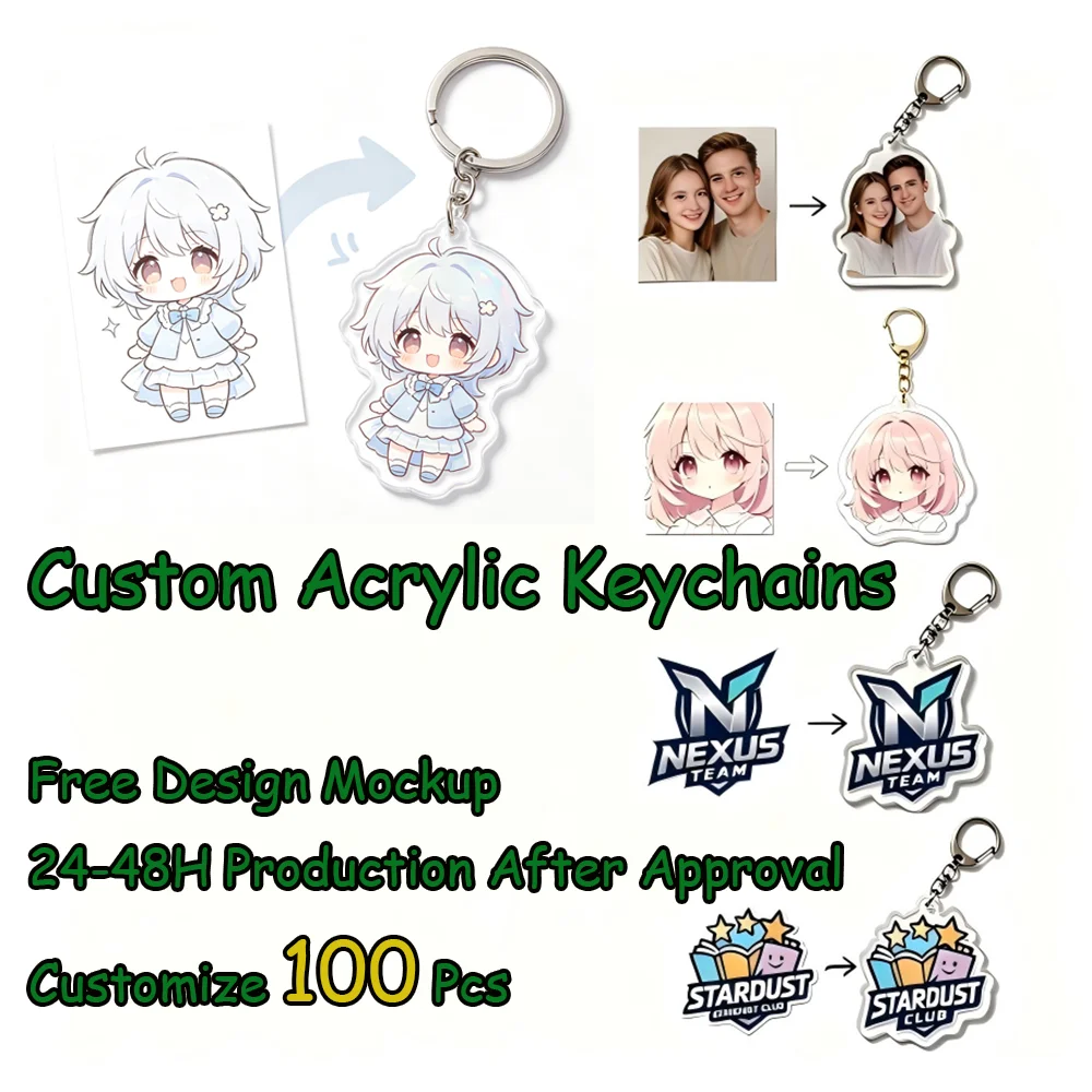 100Pcs Custom Acrylic Keychain Personalized Anime Logo Photo Keyring Double Sided Free Design Mockup 24-48H Production