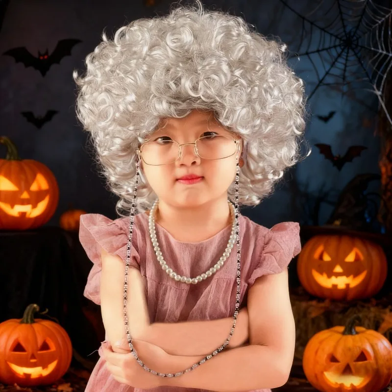 

Old Lady Costume 4-Piece Set, Silver Curly Wig with Glasses & Pearl Jewelry, Senior Cosplay for Christmas Halloween School Event