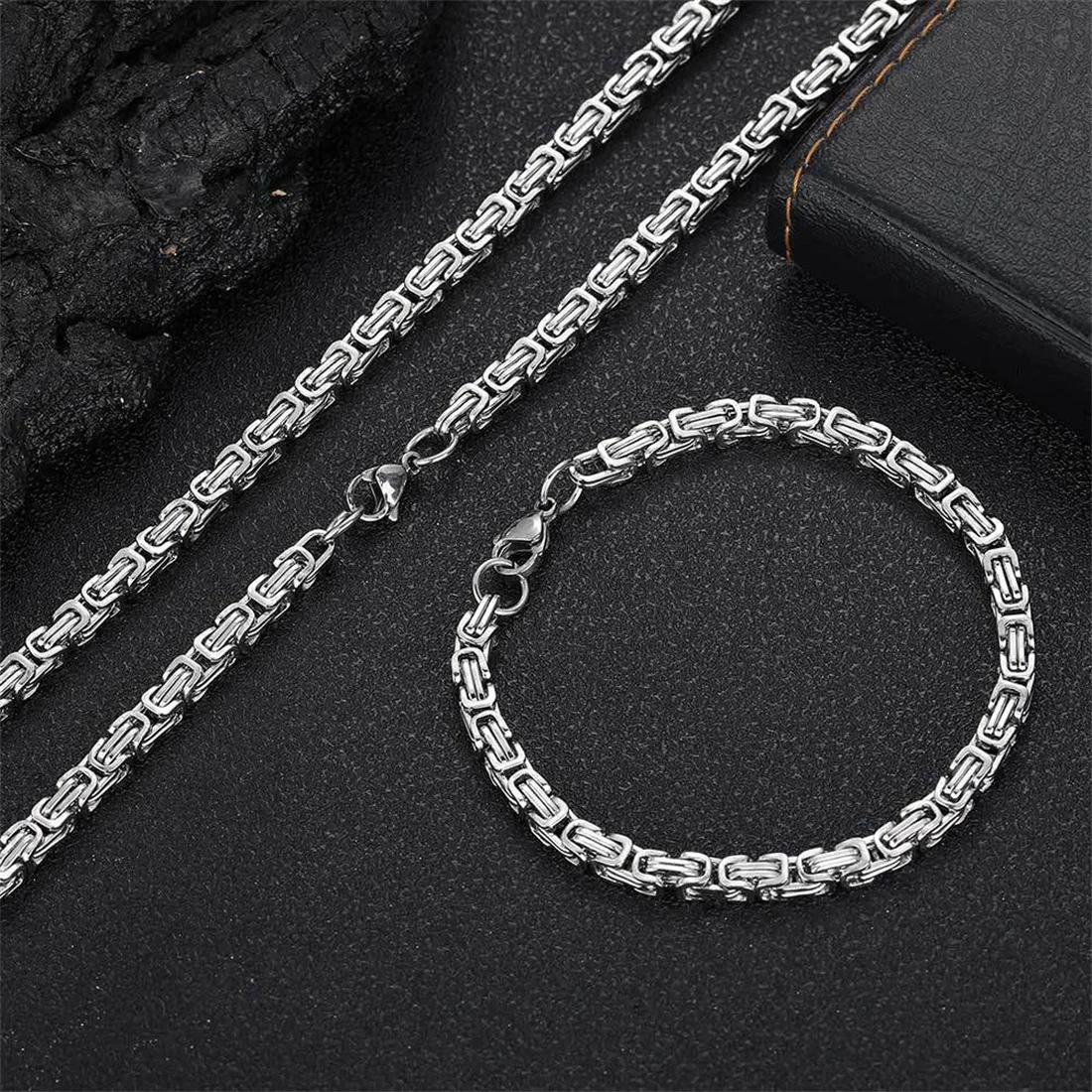 Punk Byzantine Chain Necklace Bracelet Set Gold Silver Color Stainless Steel Chains for Women Men Vintage Fashion Jewelry Sets