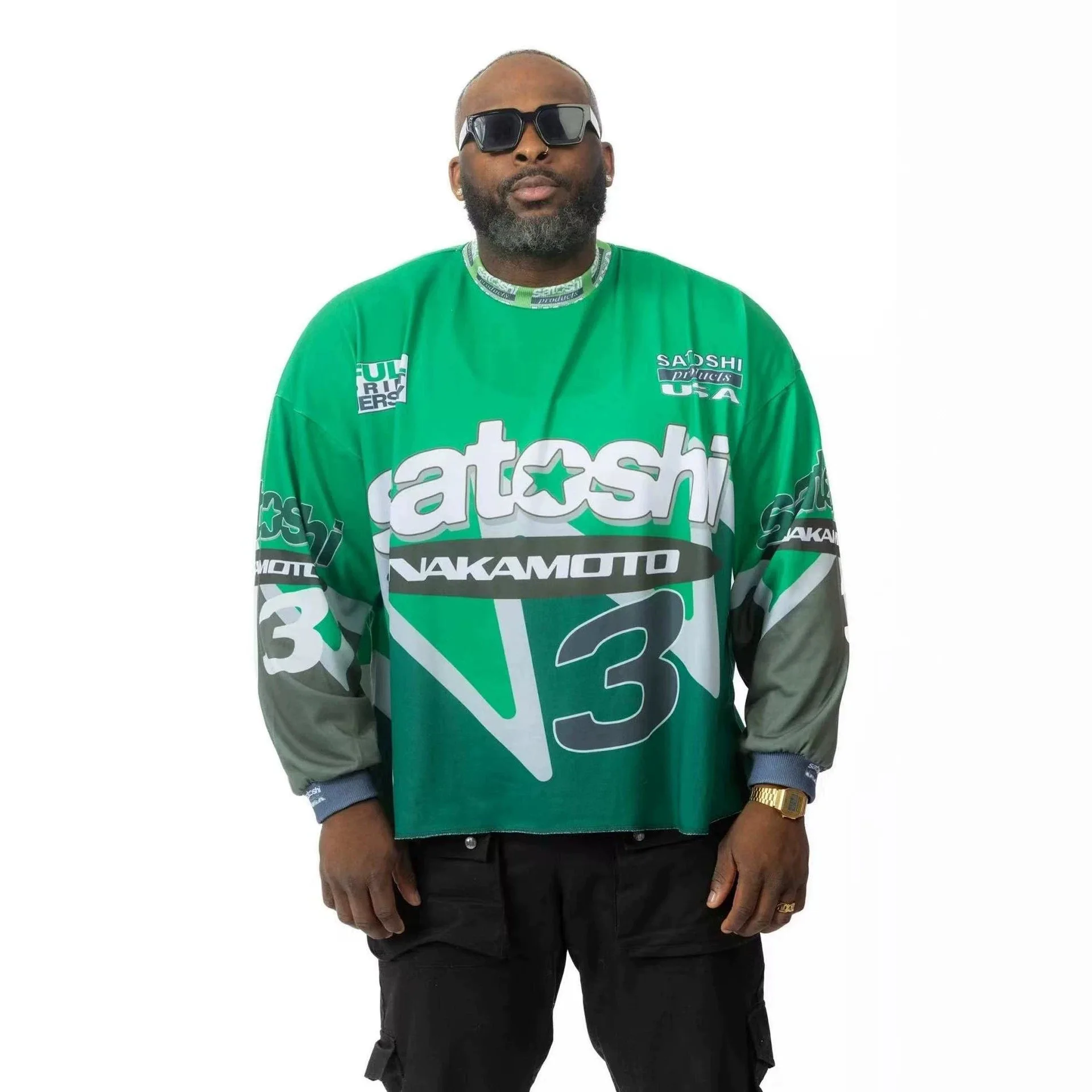 Satoshi Nakamoto vintage hip-hop street motorcycle-themed graphic long-sleeved T-shirt