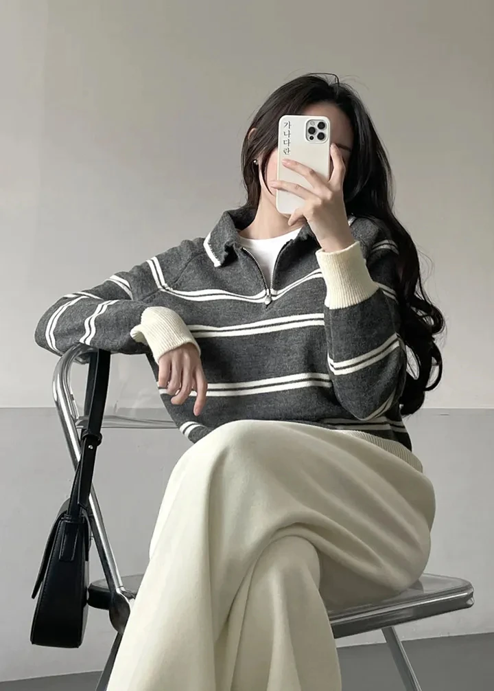 Korean Style Lazy Striped Zipper Color Block Long Sleeve Women's Soft Sweater Autumn Winter New Design Knitted Shirt