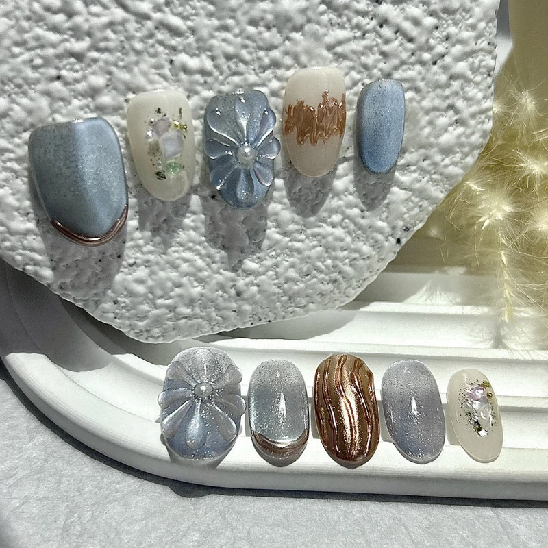 10 قطع أنيقة ورومانسية مصنوعة يدويًا اضغط على الأظافر عين القط بريق ناعم زهور ثلاثية الأبعاد أظافر وهمية قابلة للإزالة وقابلة لإعادة الاستخدام