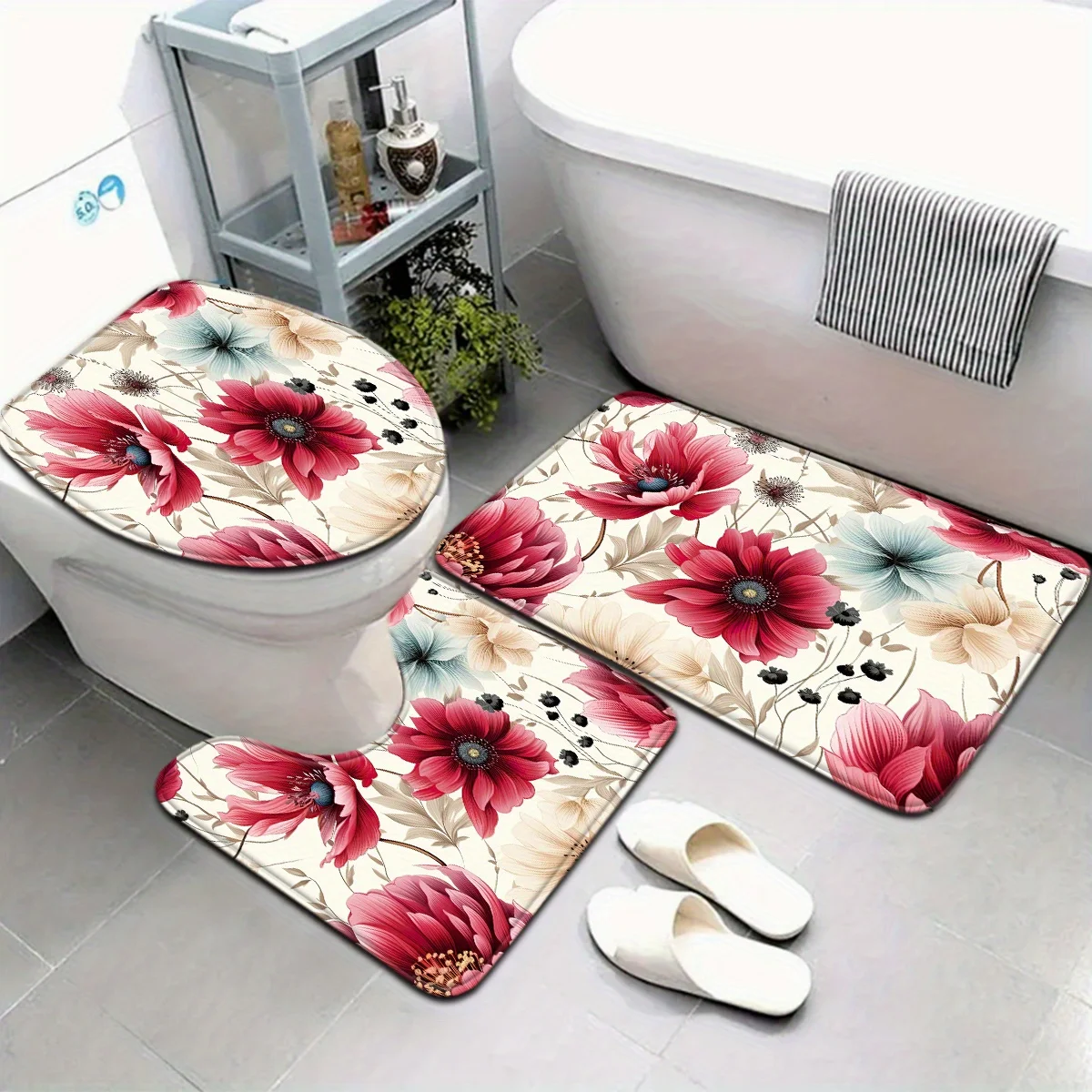 

Набор из трех ковриков для ванной с ярко-красным цветочным узором, включает в себя U-образный контурный коврик и чехол на сиденье унитаза, полиэстеровая подкладка.