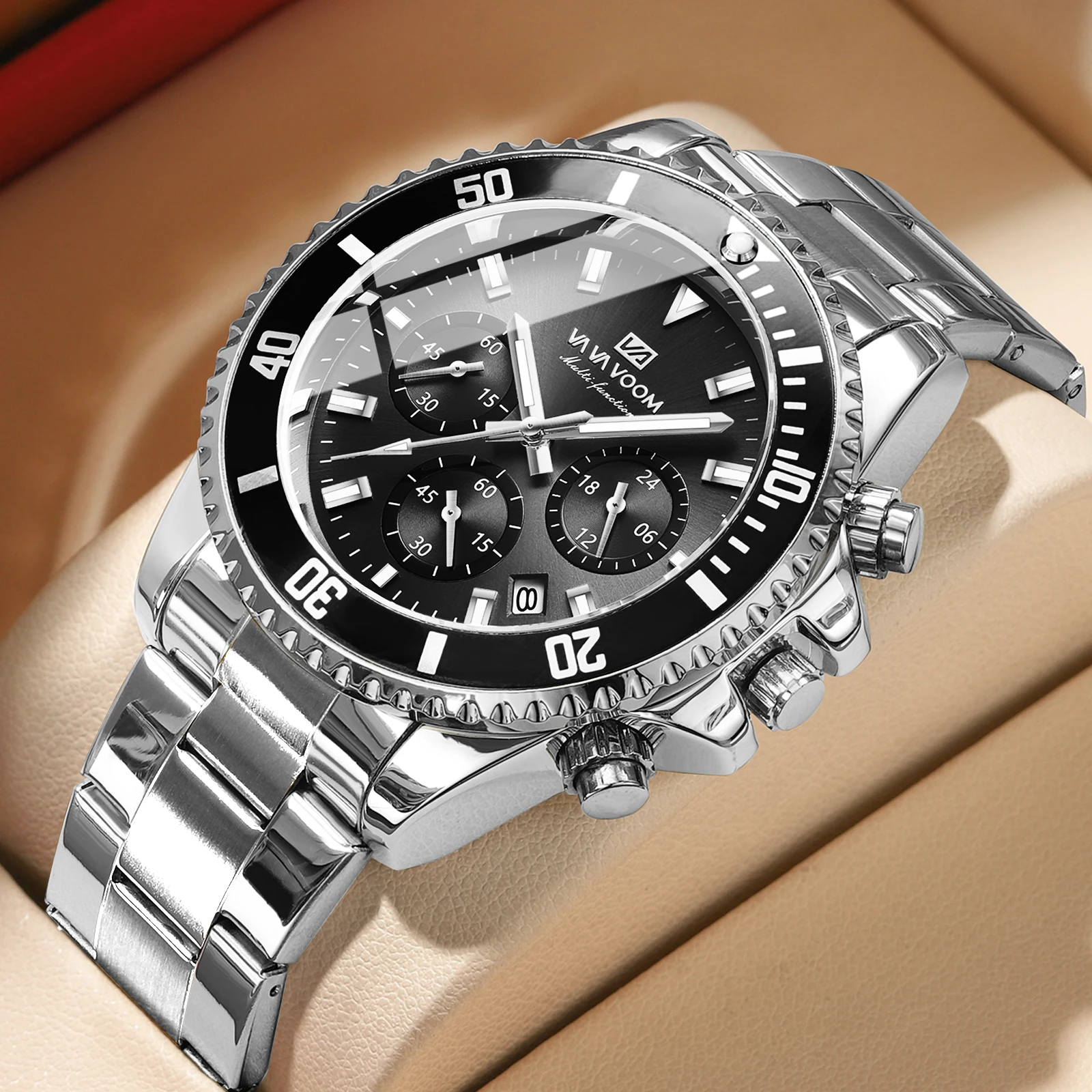 Business Men Watch 43mm Silver Ring 3Bar Waterproof Stainless Steel Gold Strap Multifunctional Timing Sports Wrist Watch for Men