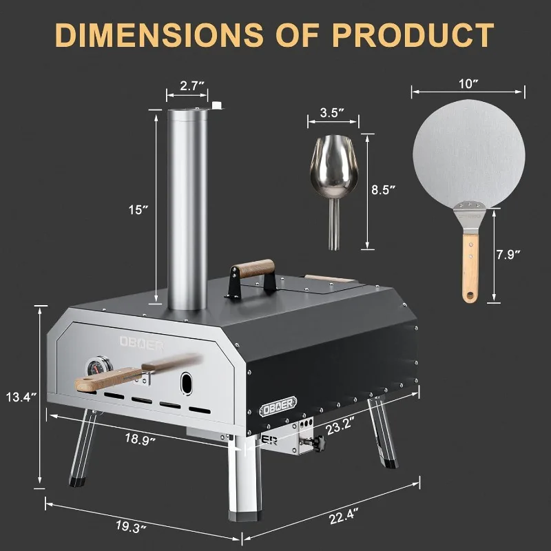 Forno per pizza da esterno, Forni per pizza multi-carburante ruotabili da 16", Forno a 3 strati in acciaio inossidabile, Macchina per pizza portatile con i incorporati