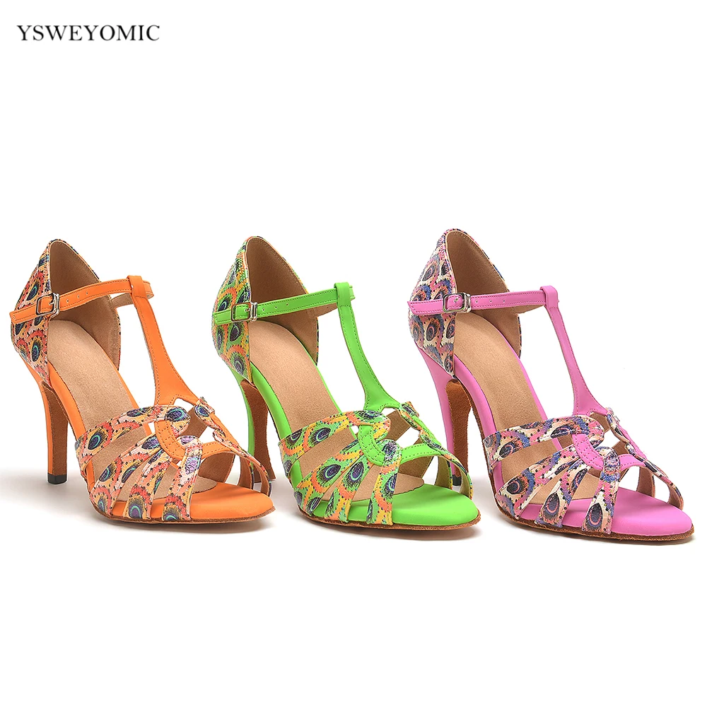 YSWEYOMIC Different color Dance Heels Green Pink Orange Salsa Tango Women Dance Shoes Latin Ballroom Salsa Bachta Dance Shoes