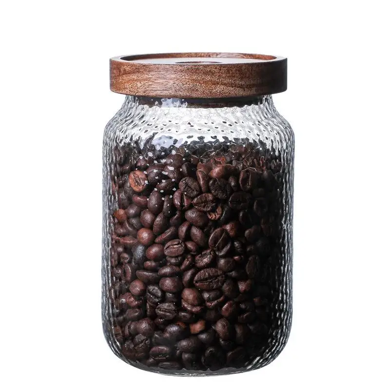 Hammered Glass Storage Jars Set with Airtight Wood Lids, Clear Food Canisters for Kitchen Pantry, Coffee Bean, Grain, Snack,