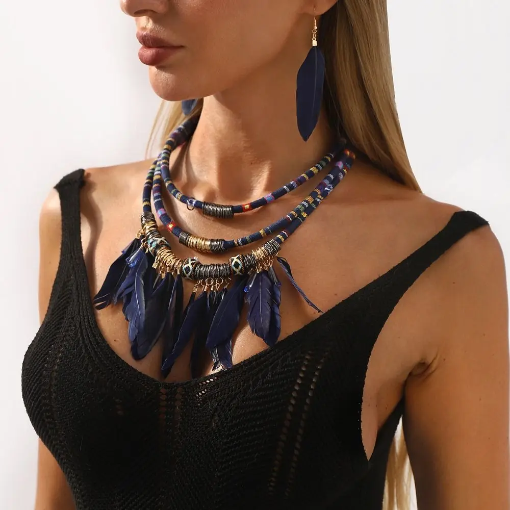 

Vintage Bohemian Necklace Multilayer Fashion Ethnic Jewelry Set Feather Earrings Alloy Material Necklace Earrings Set