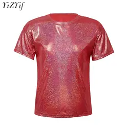 Unisex çocuklar metalik holografik Hip Hop T-shirt Modern caz dans kazak kızlar Boys için sahne performansı kostüm Tops