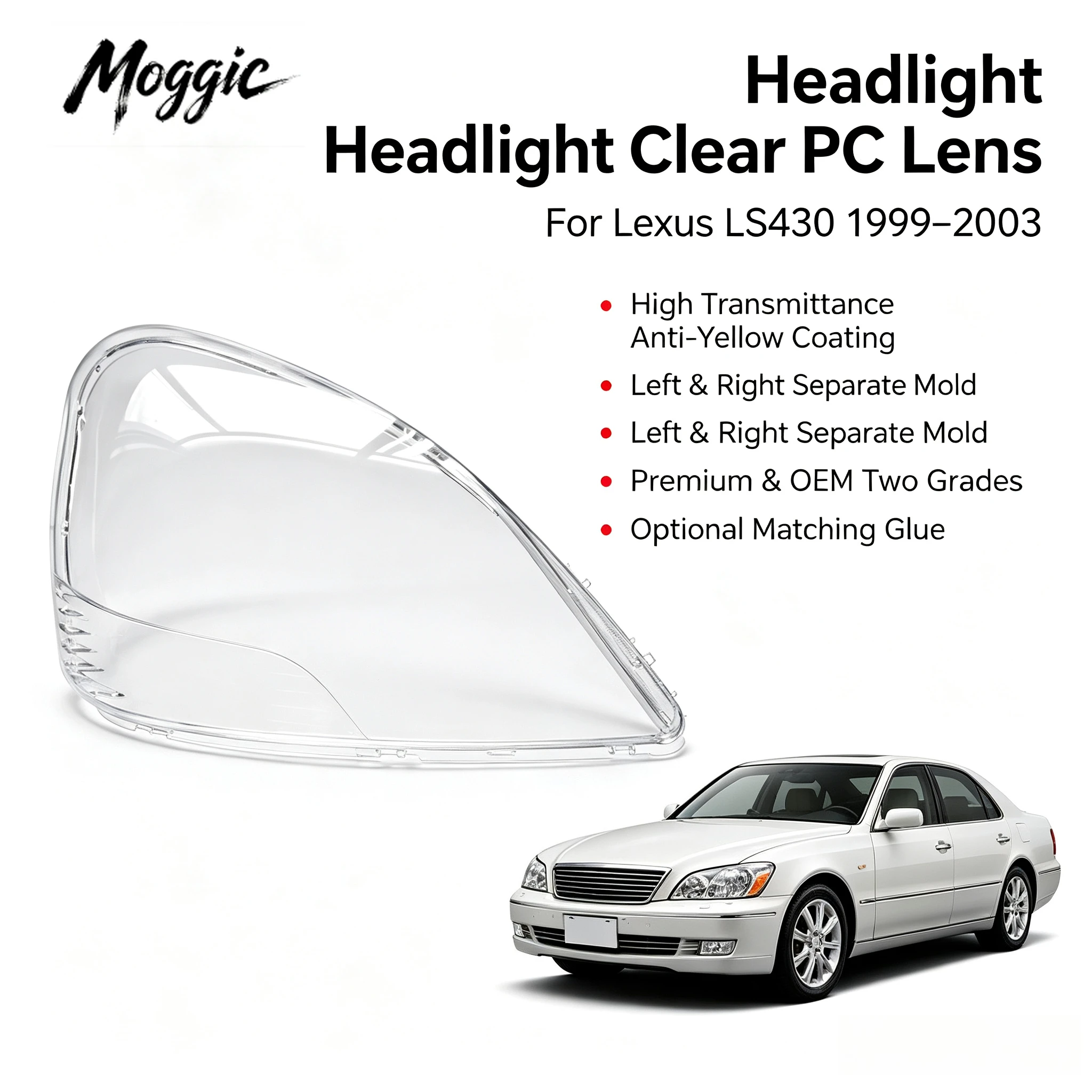 Moggic Clear Headlight Lens Cover Compatible With Lexus LS430 1999 2000 2001 2002 2003 LS460 LS600h Front Left Right Side