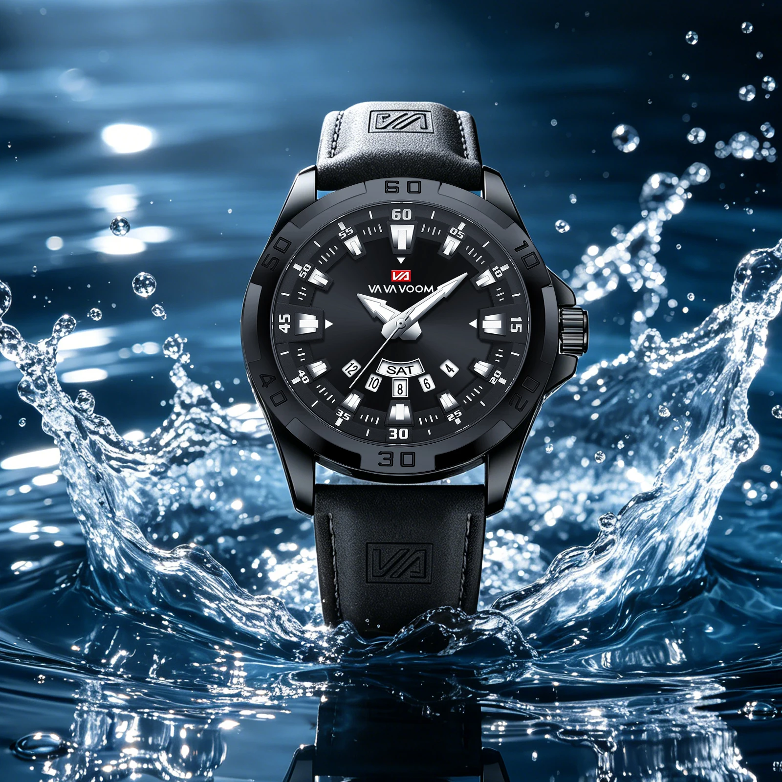 Montre à quartz VA VA VOOM pour homme, boîtier argenté élargi, chronographe, étanche 3 bars, bracelet en cuir, date du jour, montre homme AAA
