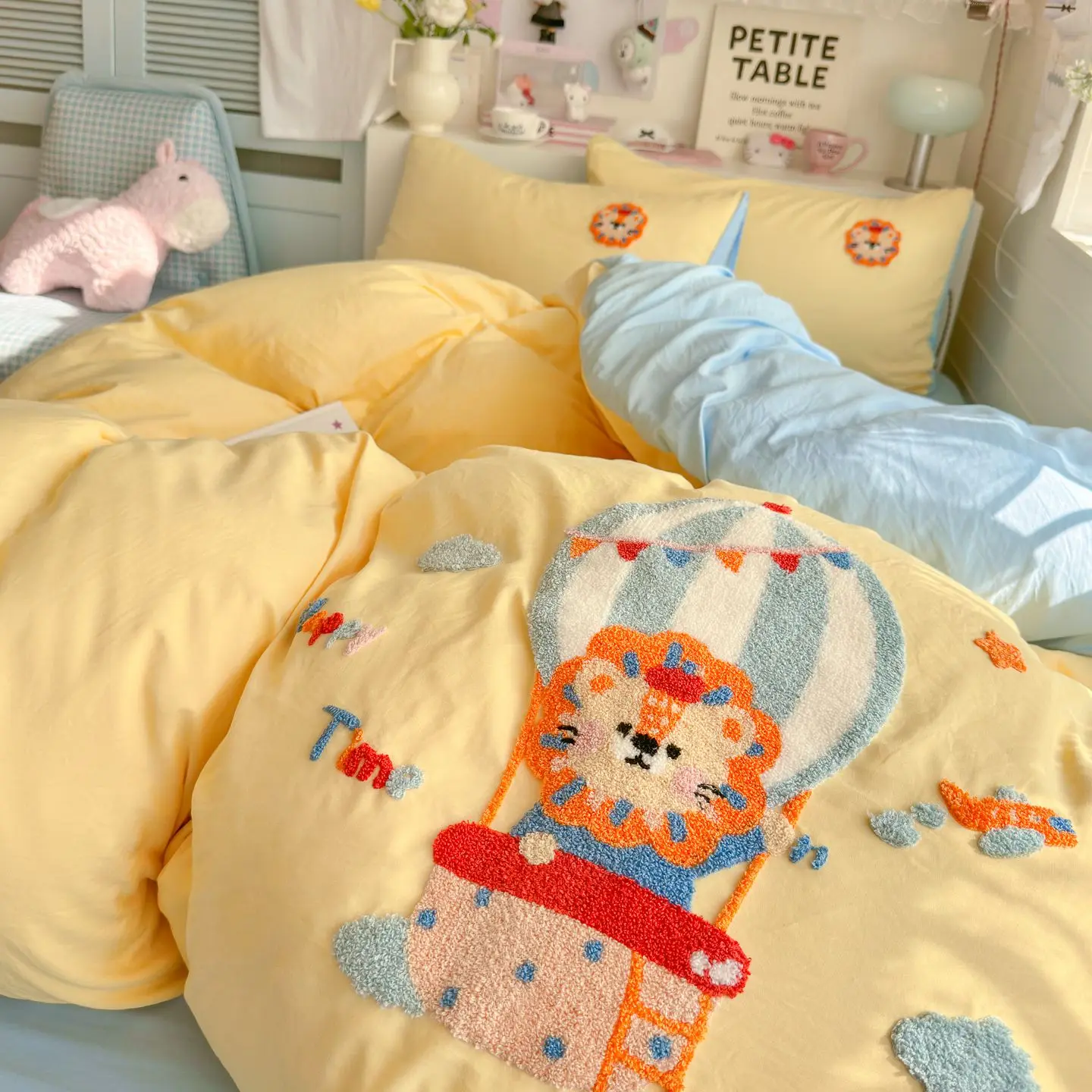 Butter Cream Yellow Bedding Set, Soft Skin-friendly Cover Set Lovely Animal, Single Queen Size for Baby Kid Room Dormitory Decor