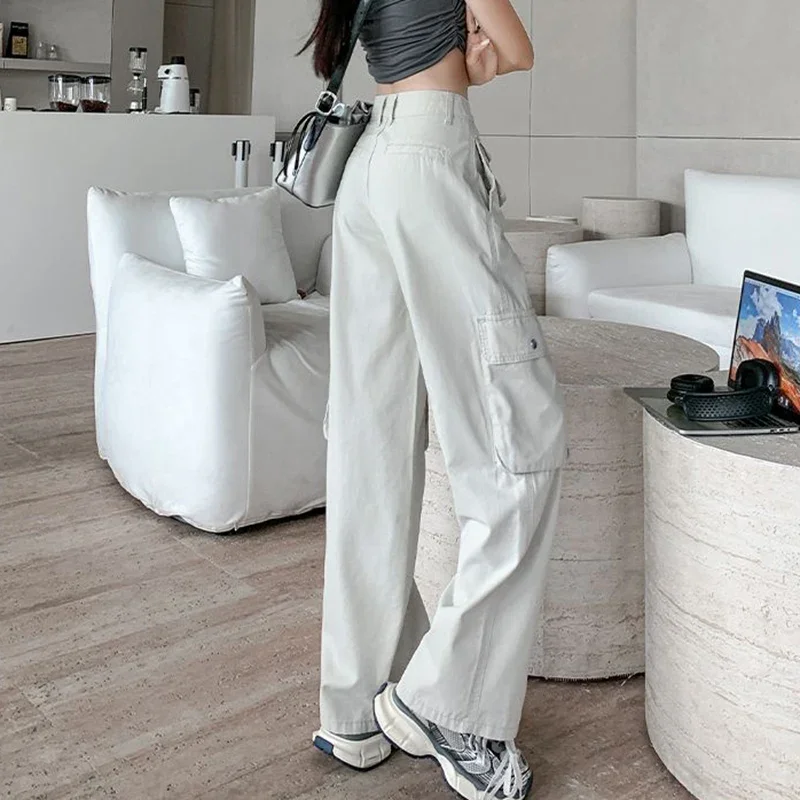 Damskie klasyczne jeansy w kolorze morelowym z prostymi nogawkami, spodnie cargo z wysokim stanem w stylu streetwear dla dziewcząt, modne spodnie dżinsowe w stylu casual dla kobiet.