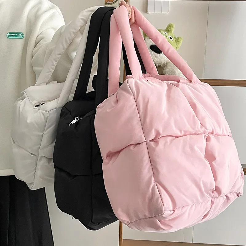 

Large Capacity Quilted Puffer Shoulder Bag Solid Color Soft Nylon Space Padded Tote Winter Shopping Handbag Square Shopper Bag