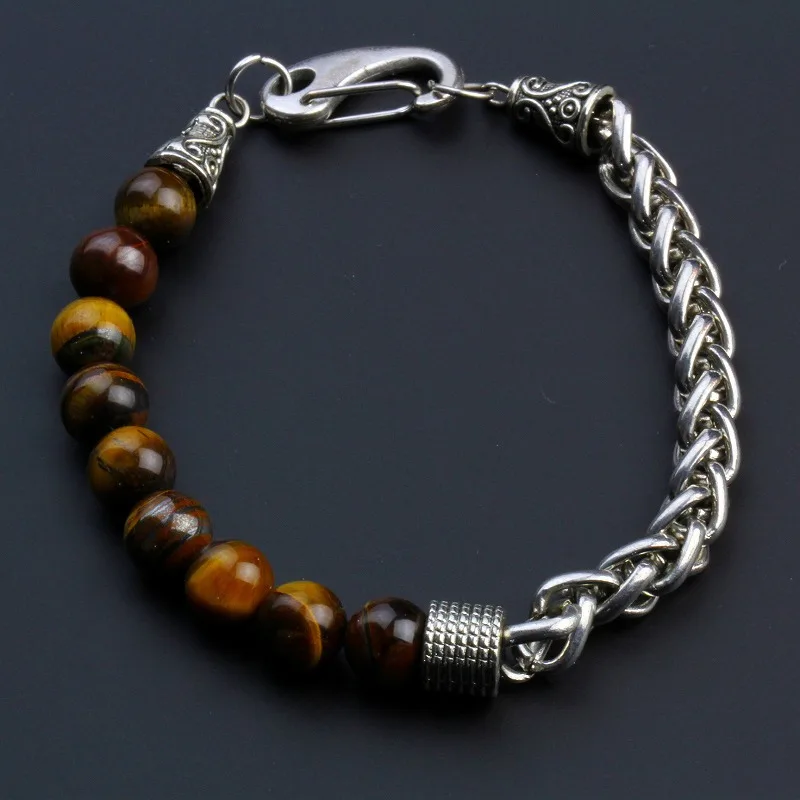 316L Stainless Steel Chain Bracelet for Men Natural Tiger Eye Stone Beads Bracelet Trendy Hip Hop Hand Jewelry Gifts for Male