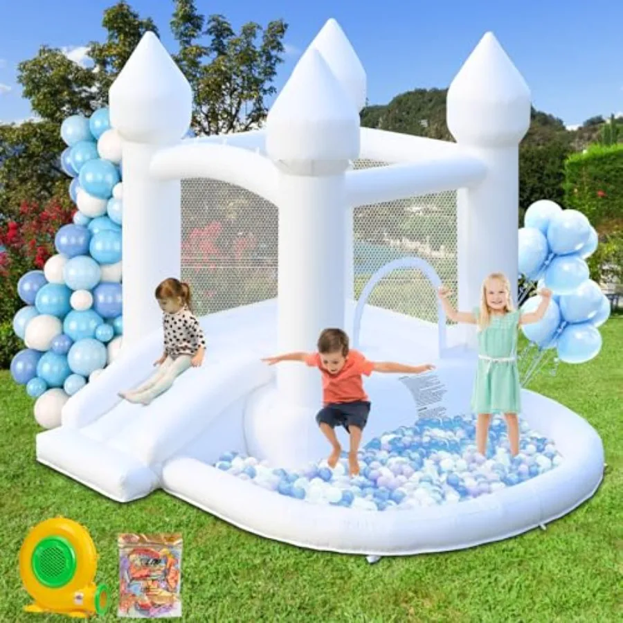 

White Bounce House, Inflatable Bounce House with Air Blower, Jumping Castle House with Ball Pit for Party, Wedding, Backyard Eas