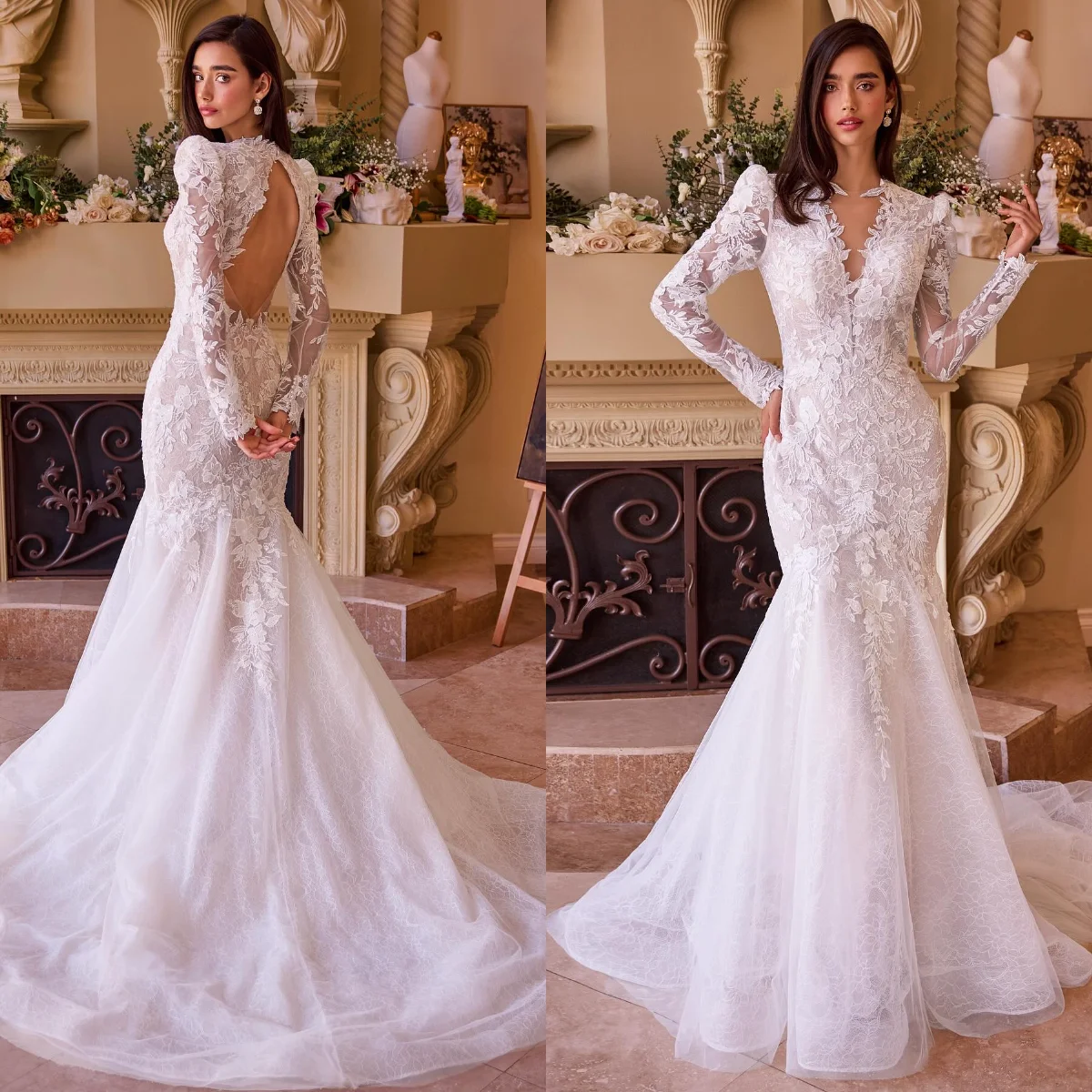 

Long Sleeve Mermaid Wedding Dresses Full Lace Appliqued Gorgeous Backless Bridal Gown Customized Vestido De Novia