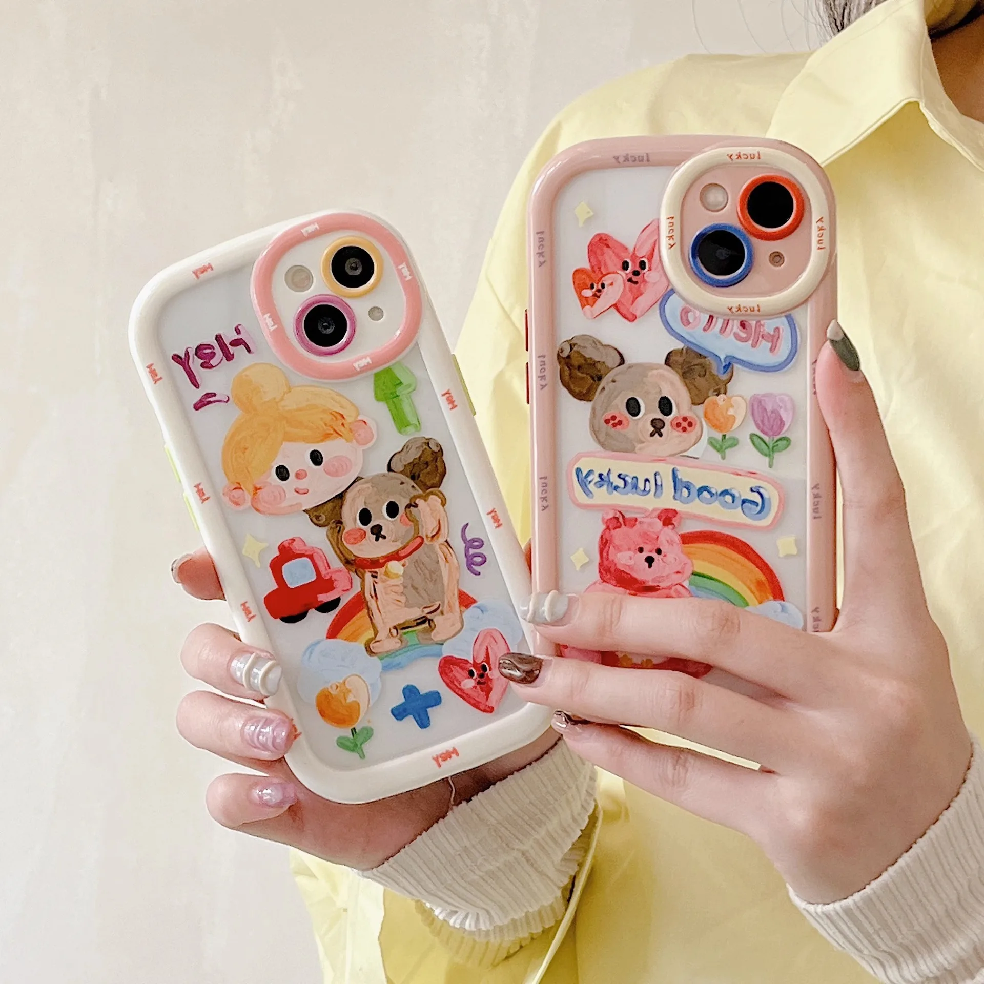 Cream Shell Oil Painting Girl Dog Phone Case For iPhone 11 12 13 14 15 16 pro max